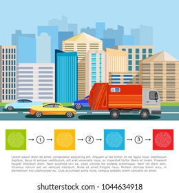 Cleaning and recycling of garbage. Garbage truck and cars. Poster and banner with city background. Garbage processing. Modern city. Vector illustration