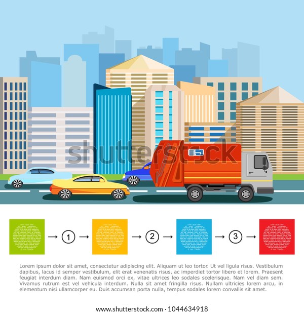 Cleaning and recycling of garbage. Garbage\
truck and cars. Poster and banner with city background. Garbage\
processing. Modern city. Vector\
illustration