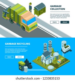 Cleaning recycling waste banners. Sorting garbage and cleaning urban environment trash incinerator truck vector concept pictures