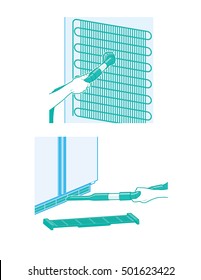 Cleaning refrigerator vent and coils with a vacuum cleaner attachment.
