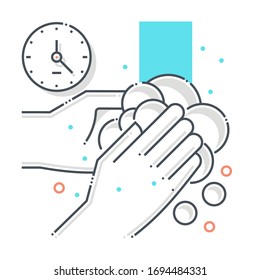 Cleaning related color line vector icon, illustration. The icon is about hand wash, soap, hands, water, corona virus, contamination, epidemic, duration. The composition is infinitely scalable.