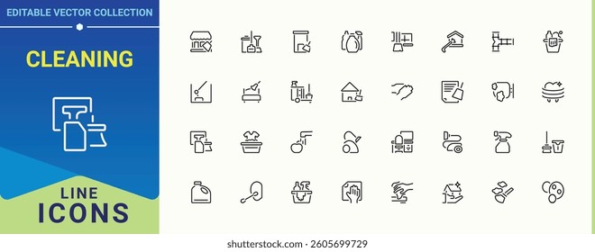Cleaning related icon set. Contains such symbols as wash, bin, washer, household and more. Maintenance icon collection. Minimalist linear icons. Art and illustration.
