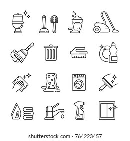 Cleaning Related Icons: Thin Vector Icon Set, Black And White Kit