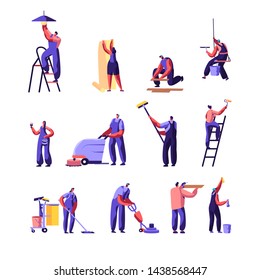 Cleaning and Repair Service Workers Set. Home Worker with Roller for Wall Painting. Service of Professional Cleaners at Work Mopping, Vacuuming Floor, Rub, Sweeping. Cartoon Flat Vector Illustration