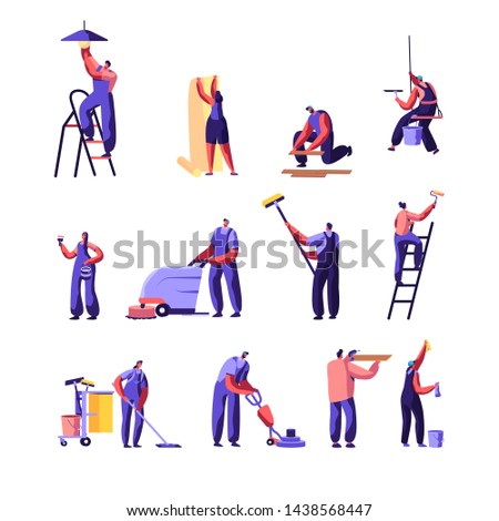 Cleaning and Repair Service Workers Set. Home Worker with Roller for Wall Painting. Service of Professional Cleaners at Work Mopping, Vacuuming Floor, Rub, Sweeping. Cartoon Flat Vector Illustration