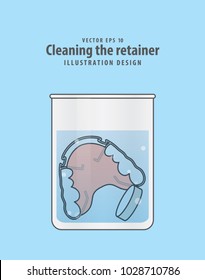 Cleaning the retainer in the glass with tablet illustration vector on blue background. Dental concept.