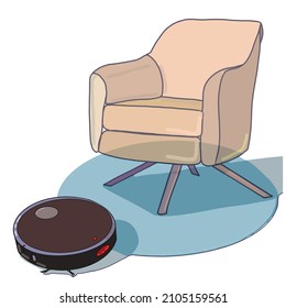 Robot limpiador limpia el suelo en la habitación mientras que robot limpiador de vacío. Técnico para casa, dispositivo de limpieza