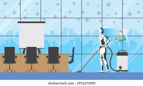 Cleaning robot control by human remote in risk area of virus epidemic and pandemic for protect the infection. Artificial intelligence mechanism uses automatic vacuum cleaner in an office meeting room.