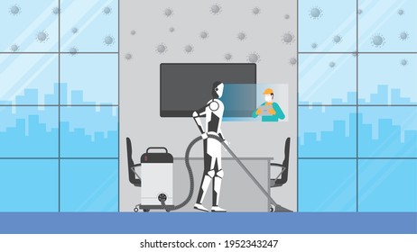 Cleaning robot control by human remote in risk area of virus epidemic and pandemic for protect the infection. Artificial intelligence mechanism uses automatic vacuum cleaner in an office meeting room.