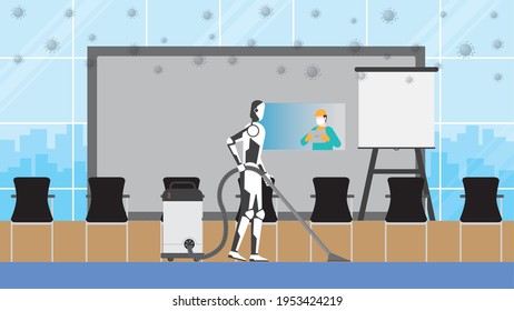 Cleaning robot control by human remote in risk area of virus epidemic and pandemic for protecting the infection. Artificial intelligence mechanism uses automatic vacuum cleaner in the conference hall.