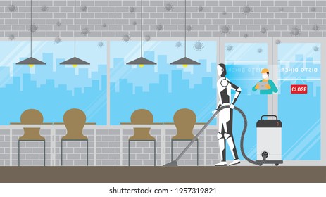 Cleaning robot control by human remote in risk area of virus epidemic and pandemic for protecting the infection. Artificial intelligence mechanism uses automatic vacuum cleaner in cafe bistro interior
