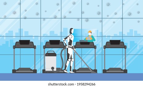 Cleaning Robot Control By Human Remote In Risk Area Of Virus Epidemic And Pandemic For Protect Infection. Artificial Intelligence Mechanism Uses Automatic Vacuum Cleaner In Treadmill Fitness Center.