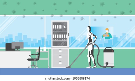 Cleaning robot control by human remote in risk area of virus epidemic and pandemic for protect the infection. Artificial intelligence mechanism uses automatic vacuum cleaner in doctor desk in hospital