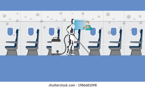 Cleaning Robot Control By Human Remote In Risk Area Of Virus Epidemic And Pandemic For Protect Infection. Artificial Intelligence Mechanism Uses Automatic Vacuum Cleaner Inside Empty Airplane Cabin.