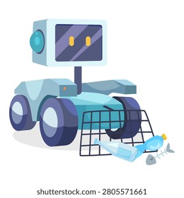 Cleaning robot picking litter in cartoon style on white background as concept of eco technology. Vector illustration
