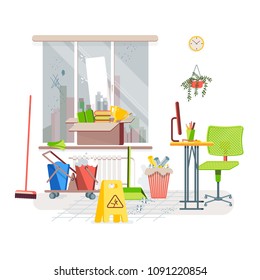 Cleaning room. Dirty window. Garbage on the floor. The trash can is filled with paper. Items for cleaning. Flat style vector illustration.