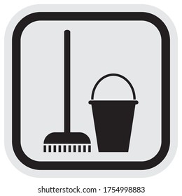 cleaning room, gray and black frame, vector icon, black silhouette of bucket and broom