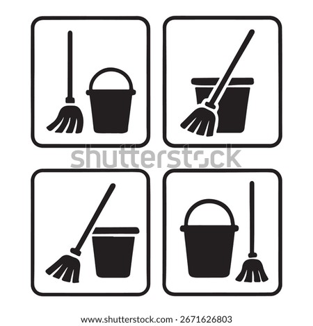 Cleaning Room Silhouette Vector Icon, Mop and Bucket Sign Clipart