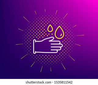 Cleaning rubber gloves line icon. Halftone pattern. Hygiene sign. Washing Housekeeping equipment sign. Gradient background. Rubber gloves line icon. Yellow halftone pattern. Vector