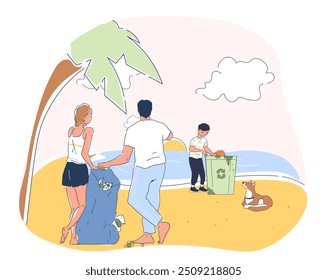 Cleaning sand beach concept. Family collect garbage to trash can. Care about ecology and environment. Cleanliness and hygiene. Eco friendly activists. Linear flat vector isolated illustration