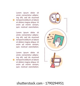 Cleaning and sanitizing concept icon with text. PPT page vector template. Clean surfaces using soap and disinfectant. Brochure, magazine, booklet design element with linear illustrations