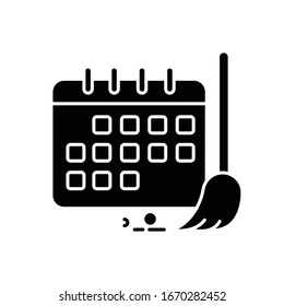 Cleaning schedule black glyph icon. Household chores. Plan, calendar. Cleanliness control. Keeping house clean. Tidy environment. Silhouette symbol on white space. Vector isolated illustration