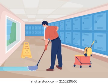 Reinigungshalle flach, Vektorgrafik. Besserer Zugang zu weit reichender Arbeit. Durchgang reinigen. Janitor Mopping-Etage 2D Cartoon-Charakter mit Schließfächern Reihen Korridor auf Hintergrund