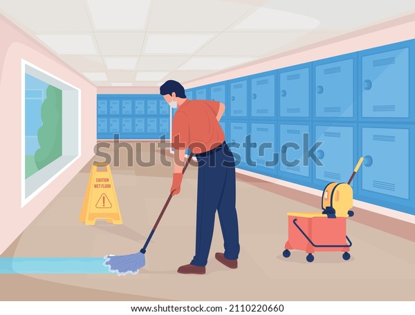 Cleaning school hall flat color vector
illustration. Cleaner on sweeping job. Cleansing passageway.
Janitor mopping floor 2D cartoon character with lockers row
corridor on
background