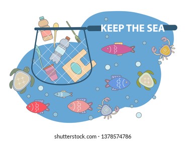 Cleaning up the sea by collecting plastic. Keep the sea, plastic free concept vector illustration.