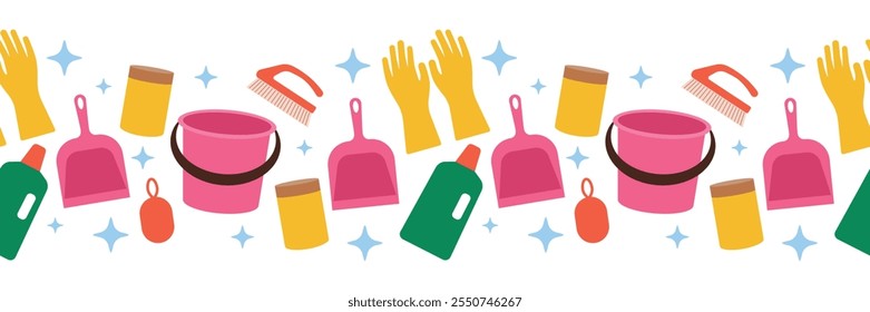 Cleaning seamless border. Household gloves, bucket, household chemicals, brush. Vector illustration in clip art style for website design, packaging, business cards