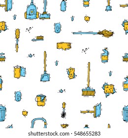 Cleaning. Seamless pattern background hand drawn doodle. Flat design vector illustration.