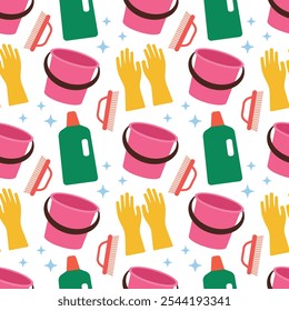 Cleaning seamless pattern. Bucket, cleaning brush, household chemicals, floor washing liquid. Isolated vector illustration for background, packaging, website of a cleaning company