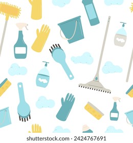Cleaning seamless pattern. Equipment elements for wash house endless background on white background. Housework service covert. Bucket, gloves and mop spray bottle various tools. Vector illustration.