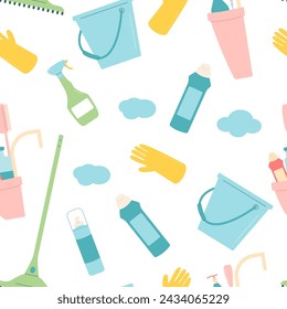 Cleaning seamless pattern. Equipment elements for wash house endless background on white background. Housework service covert. Bucket, gloves and mop spray bottle various tools. Vector illustration.