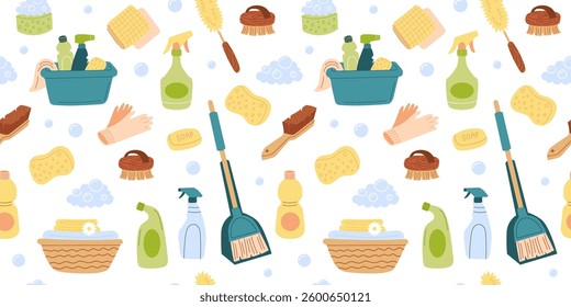 Cleaning seamless pattern. Home chemical detergent in bottles. Household tools equipment brush, sponge, gloves, napkins.