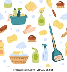 Cleaning seamless pattern. Home chemical detergent in bottles. Household tools equipment brush, sponge, gloves, napkins.