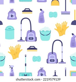 cleaning seamless pattern, cleaning texture, background, vector illustration with washing housework tools sponge, broom, bottles, vacuum cleaner, gloves and rags in flat style