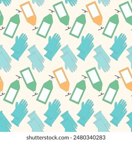 Cleaning seamless pattern. Tools for wash your room repeat background. Gloves and bottles with cleaner foam. Vector line art illustration.