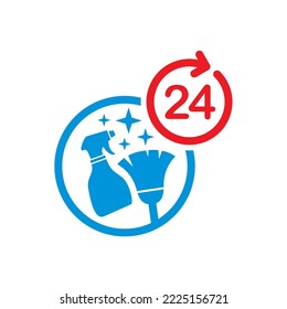 Cleaning service 24 hour icon. Brush and sprayer for cleaning icon vector.