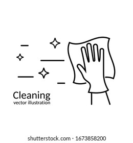 Cleaning service abstract background. Black line of a hand in glove with a rag. Cleanliness and shine. Hygiene and disinfection. Housekeeping concept. Work at home. Vector illustration flat design. 
