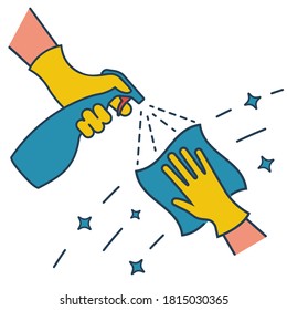 Cleaning service abstract background. Black line of a hand in glove with a rag. Cleanliness and shine. Hygiene and disinfection. Housekeeping concept. Work at home. Vector illustration flat design. 