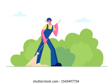 Cleaning Service Activity Concept. Janitor Female Character Street Cleaner Holding Broom Sweeping Lawn from Fallen Colorful Leaves in City Park Landscape Background. Cartoon Flat Vector Illustration