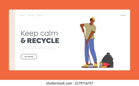 Reinigungsaktivitäten, Recycling der Landing-Page Vorlage für Konzepte. Janitor Male Character Street Cleaner Holding Broom Sweeping Rasen aus Müll und Garbage City Park. Vektorgrafik von Cartoon People