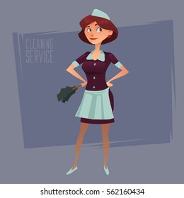 cleaning service advertisement, cleaning woman in classic maid dress, cartoon character, vector illustration