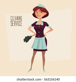 cleaning service advertisement, cleaning woman in classic maid dress, cartoon character, vector illustration