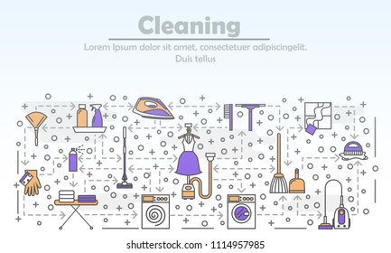 Cleaning service advertising poster banner template. Vector thin line art flat style design icons for website banners and printed materials.