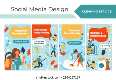 Cleaning service advertising at story banner set. Template social media design collection with housework offer, vector illustration. Flat man woman character work with domestic tools