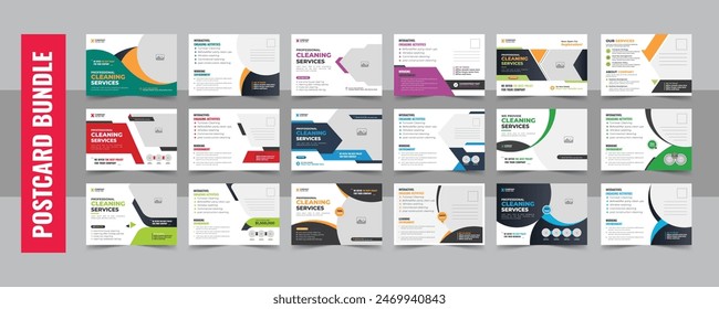 Cleaning service agency postcard template design bundle or Professional cleaning services eddm postcard template design set. Cleaning service postcard design template vector layout 