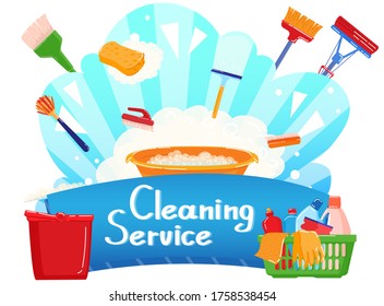 Cleaning service agency vector illustration. Cartoon flat household tools and equipments for house cleaner, detergents mop sponge bucket pelvis in foam bubbles and blue water spray isolated on white