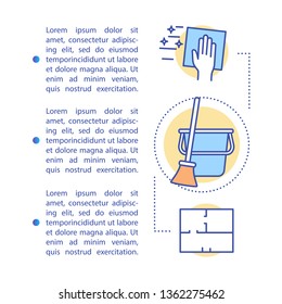 Cleaning service article page vector template. Mopping, wiping. Housekeeping. Brochure, magazine, booklet design element, linear icons, text boxes. Print design. Concept illustrations with text space